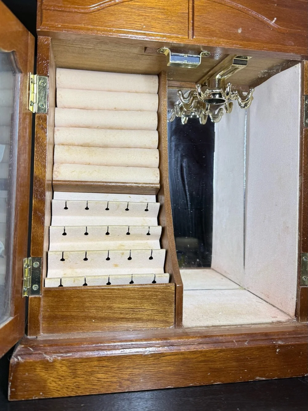 Vintage Wooden Gunther Mele Armoire Jewelry Box With Etched Glass Doors Storage
